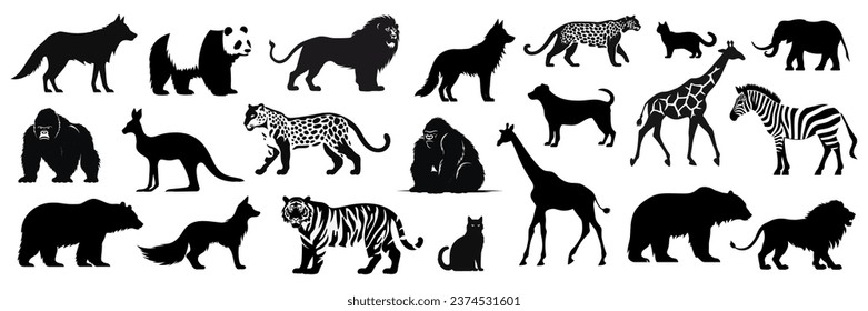 Conjunto de siluetas de varios animales negros. Ilustración del vector