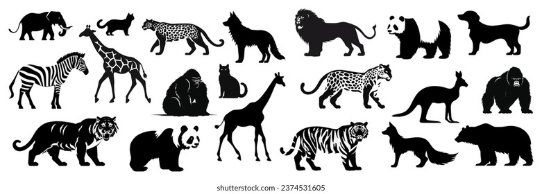 Set of silhouettes of various black animals. Vector illustration