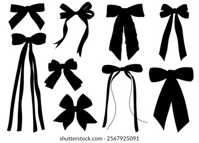 Set of silhouettes of various bow designs in different shapes and style. Perfect for decoration, celebrations, weddings, and party designs