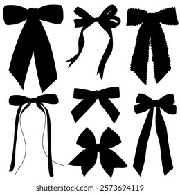 Set of silhouettes of various bow designs in different shapes and style. Perfect for decoration, celebrations, weddings, and party designs