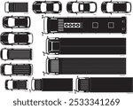 Set of silhouettes of various car models seen from above