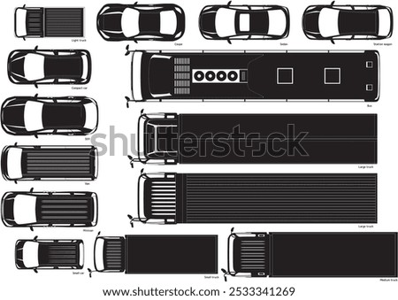 Set of silhouettes of various car models seen from above