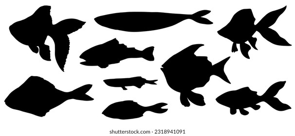 Conjunto de siluetas de diferentes peces. Gráficos vectoriales.
