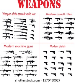 Set of silhouettes of various modern weapons. modern weapons and weapons of the second world war