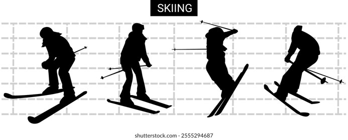 Set of silhouettes of various poses of people skiing. Vector illustration.