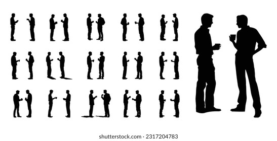 set of silhouettes of various poses of two men standing and talking