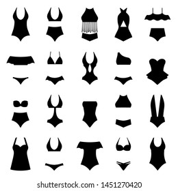 Set of silhouettes of various swimsuits. Vector black white illustration. Stencils swimwear.