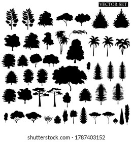 Conjunto de siluetas de árboles y arbustos diversos sobre un fondo blanco. Plantas forestales.