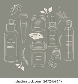 A set of silhouettes of various tubes of natural cosmetics, environmentally friendly with concern for nature, presented in natural, earthy tones, embodying the essence of organic beauty care.