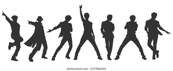 Set silhouettes vector illustrations kpop idol singing and dancing on stage. Bundle monochrome design kpop boyband. Male dancer, rapper, singer with various style, pose, gesture and choreography.