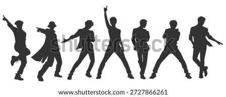 Set silhouettes vector illustrations kpop idol singing and dancing on stage. Bundle monochrome design kpop boyband. Male dancer, rapper, singer with various style, pose, gesture and choreography.