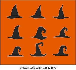 set of silhouettes of vector witch hats on an orange background
