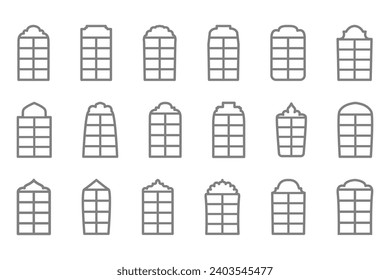 Set of silhouettes of vertical empty window frames. Arched window icons in flat style. Interior elements. Vector illustration.