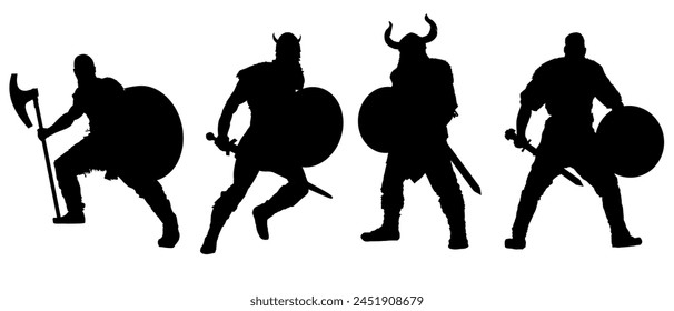 Set of silhouettes of viking warriors - vector illustration	