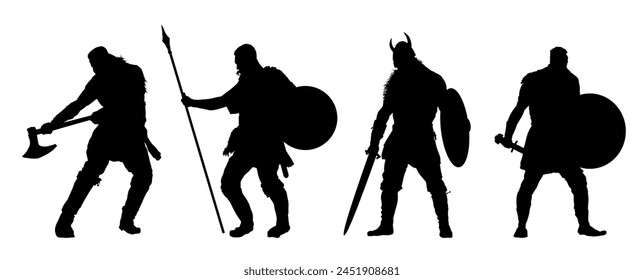 Conjunto de siluetas de guerreros vikingos - Ilustración vectorial	