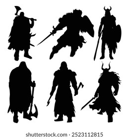 Set of silhouettes of viking warriors - vector illustration with white background Vol 03