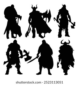 Set of silhouettes of viking warriors - vector illustration with white background Vol 04