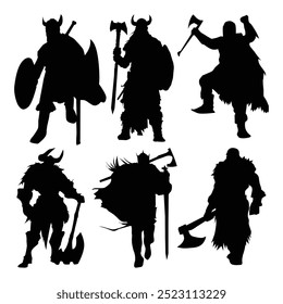 Set of silhouettes of viking warriors - vector illustration with white background Vol 05