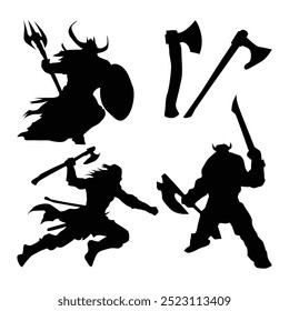 Set of silhouettes of viking warriors - vector illustration with white background Vol 06