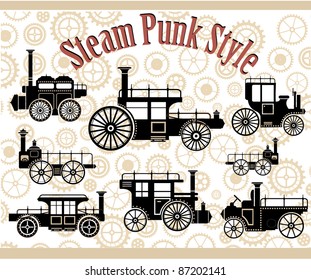 A set of silhouettes of vintage cars in the style of steam-punk