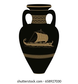 Set of silhouettes of vintage Greek vases with national ornaments isolated on white background.