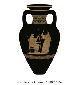 Set of silhouettes of vintage Greek vases with national ornaments isolated on white background.