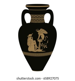 Set of silhouettes of vintage Greek vases with national ornaments isolated on white background.