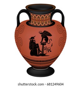 Set of silhouettes of vintage Greek vases with national ornaments isolated on white background.