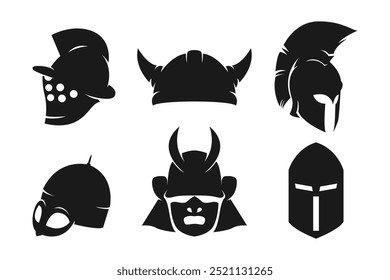 Definir silhuetas de capacete medieval antigo vintage. Gladiador, viking, spartan, samurai kabuto e capacete de cavaleiro. Isolado no fundo branco. Ilustração vetorial.