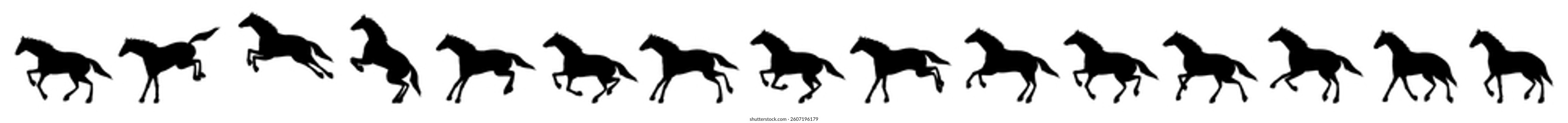 Set of silhouettes of a walking horse, a flying horse and a standing horse, Vector Illustration