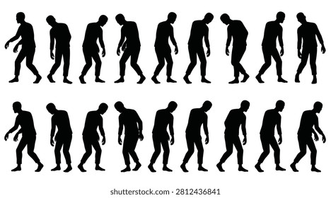 A set of silhouettes of a walking zombie in various poses, isolated on a white background.