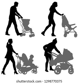 Set silhouettes walkings mothers with baby strollers