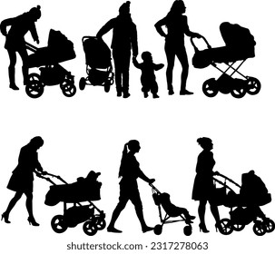 Set silhouettes walkings mothers with baby strollers on a white background.