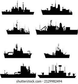 Eine Reihe von Silhouetten von Kriegsschiffen für Design und Kreativität. Umriss von Amphibienschiffen. Illustration auf weißem Hintergrund Die Konturen von Kriegsschiffen, Fregatten