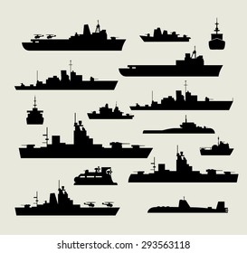 A set of silhouettes of warships for design and creativity
