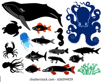 set of silhouettes of water animals