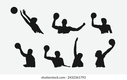 set of silhouettes of water polo players with different poses, gestures. isolated on white background. vector illustration.