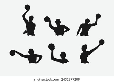 set of silhouettes of water polo players with different poses, gestures. isolated on white background. vector illustration.