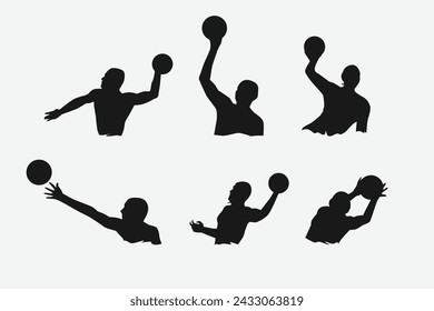 set of silhouettes of water polo players with different poses, gestures. isolated on white background. vector illustration.