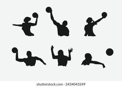 set of silhouettes of water polo players with different poses, gestures. isolated on white background. vector illustration.