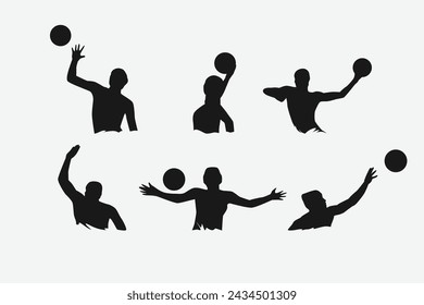 set of silhouettes of water polo players with different poses, gestures. isolated on white background. vector illustration.