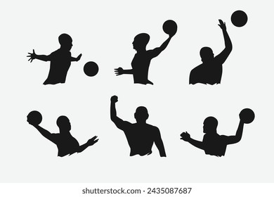 set of silhouettes of water polo players with different poses, gestures. isolated on white background. vector illustration.