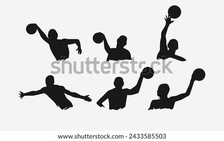 set of silhouettes of water polo players with different poses, gestures. isolated on white background. vector illustration.