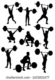 set of silhouettes of weightlifters with a barbell vector silhouette svg