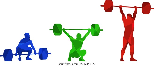 Set of silhouettes of weightlifting athletes on white background. Isolated vector colored images. Abstract blue, green and red vector image of powerlifting sportsmen. svg