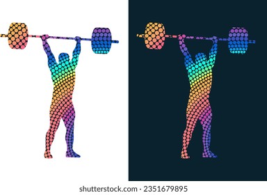 Set of silhouettes of weightlifting athletes on white background. Isolated vector colored images. Abstract vector image from colored dots of powerlifting sportsmen.