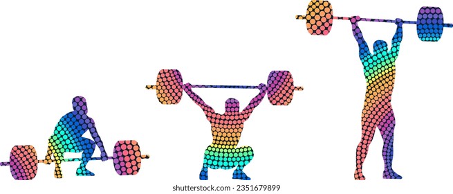 Set of silhouettes of weightlifting athletes on white background. Isolated vector colored images. Abstract vector image from colored dots of powerlifting sportsmen. svg