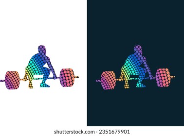 Set of silhouettes of weightlifting athletes on white background. Isolated vector colored images. Abstract vector image from colored dots of powerlifting sportsmen.