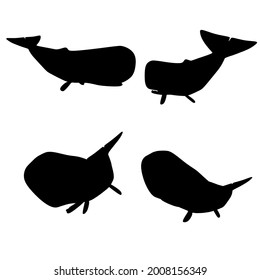 Set with silhouettes of a whale in different positions isolated on a white background. Vector illustration