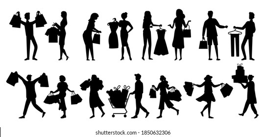 Set of silhouettes while shopping vector illustration. Group of shoppers with purchases in their hands preparing for the holidays. Men and women are buying gifts. Girls are choosing clothes